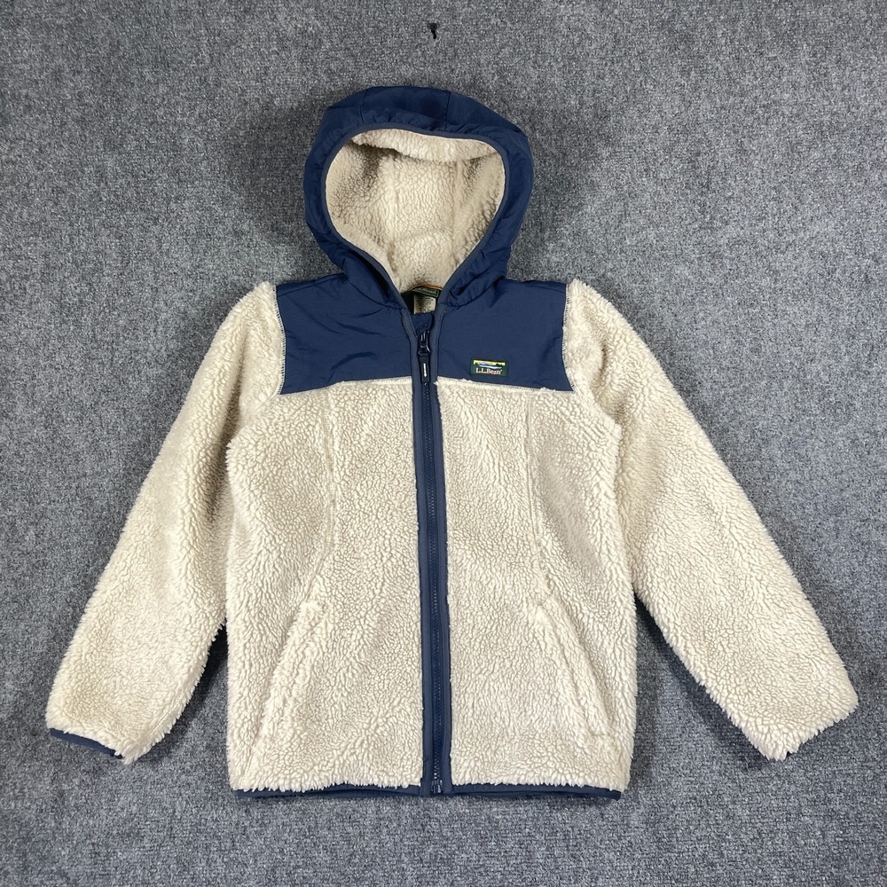 L.L. Bean Kids Sherpa Fleece Hooded Jacket Boys Medium 10-12 Navy Cream Cozy